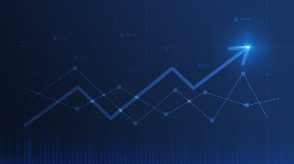ações de trade marketing - Gráfico apontando para cima em um fundo em degradê azul